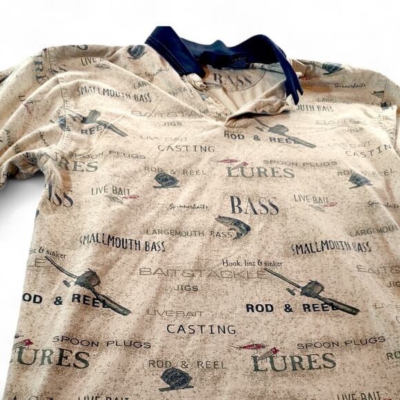 Vintage Puritan All Over Bass Fishing Lure Print Fishermancore Polo S/S Shirt M - Picture 3 of 7